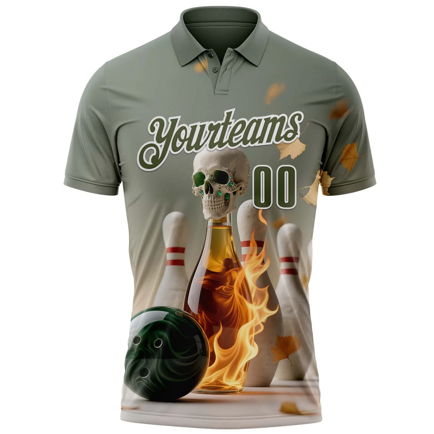 Custom Gray Olive-White 3D Flame Gem Skull Bowling Performance Polo Shirt - Image 2