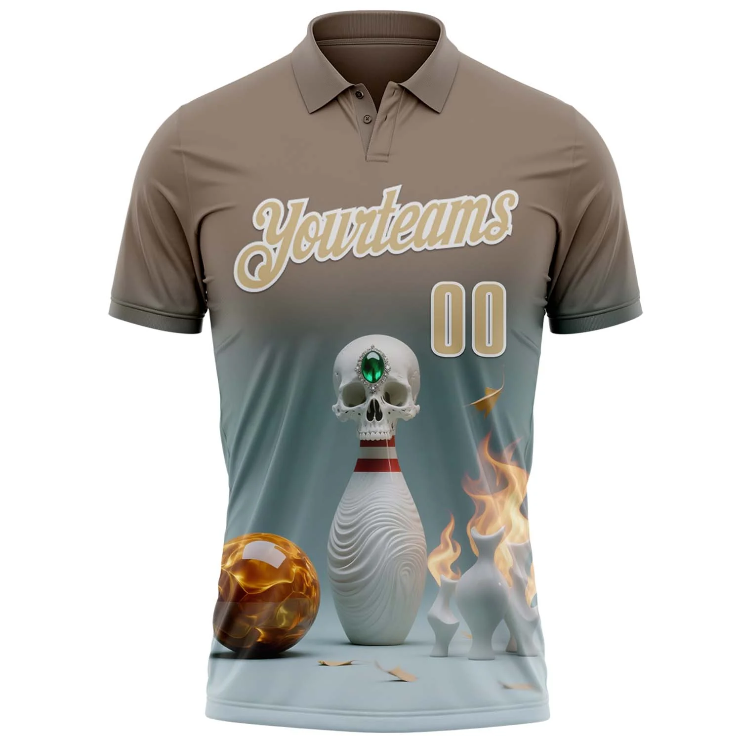 Custom Gray Vegas Gold-White 3D Flame Gem Skull Bowling Performance Polo Shirt - Image 2