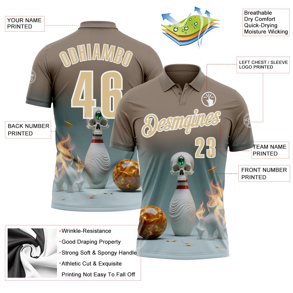 Custom Gray Vegas Gold-White 3D Flame Gem Skull Bowling Performance Polo Shirt - Image 3
