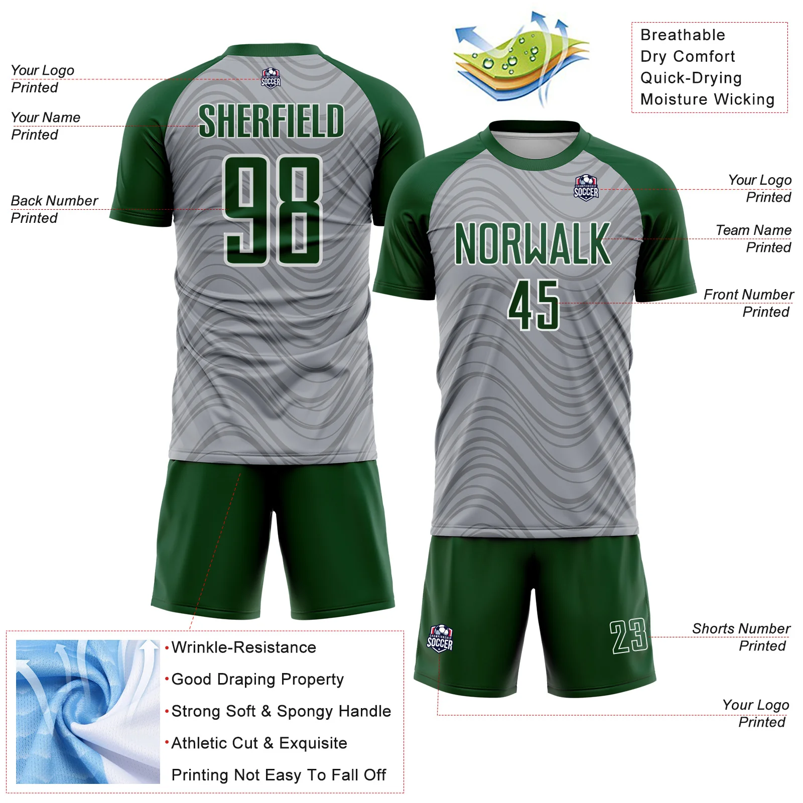 Custom Gray Green-White Wavy Lines Sports Sublimation Soccer Uniform Jersey - Image 4