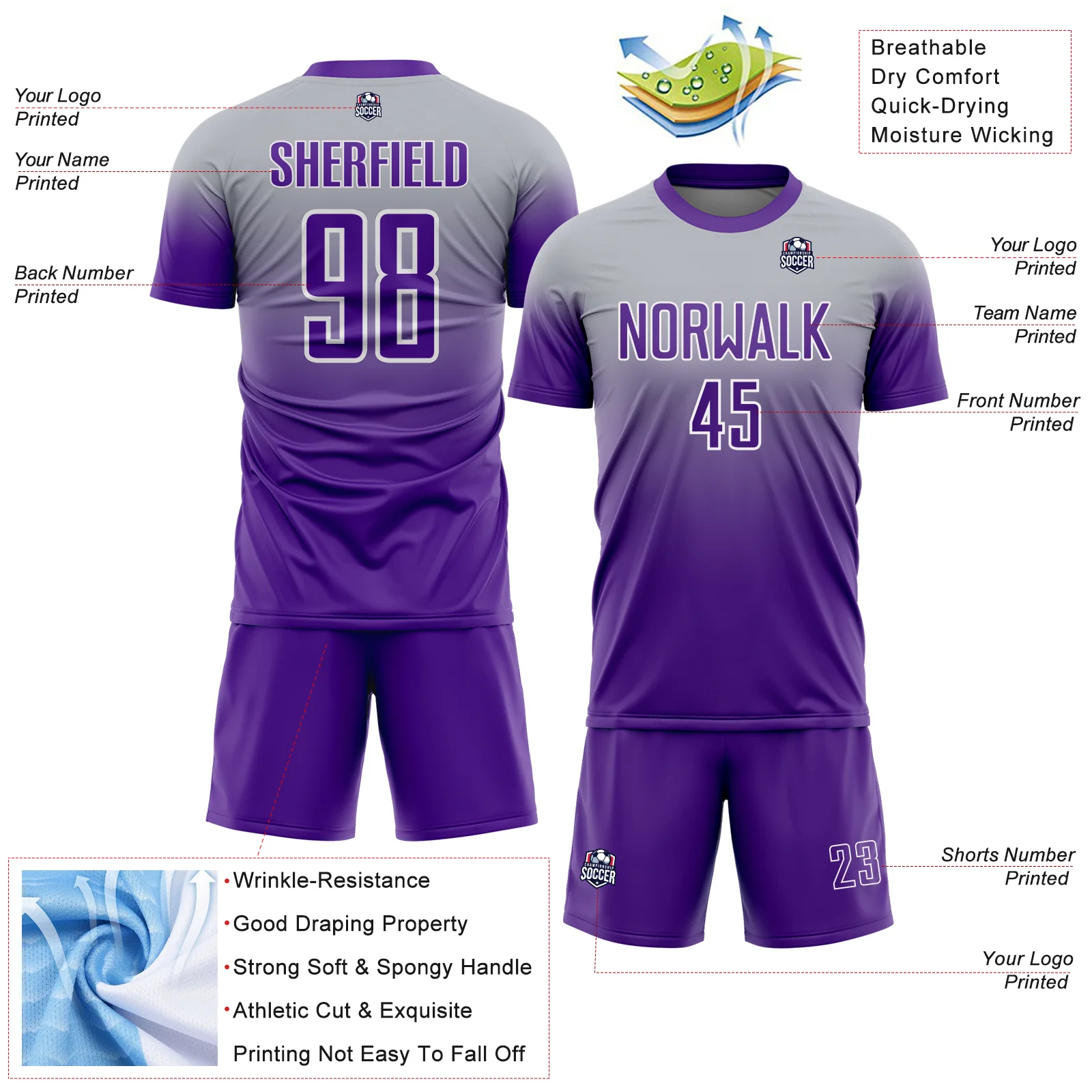 Custom Gray Purple-White Fade Fashion Sublimation Soccer Uniform Jersey - Image 4