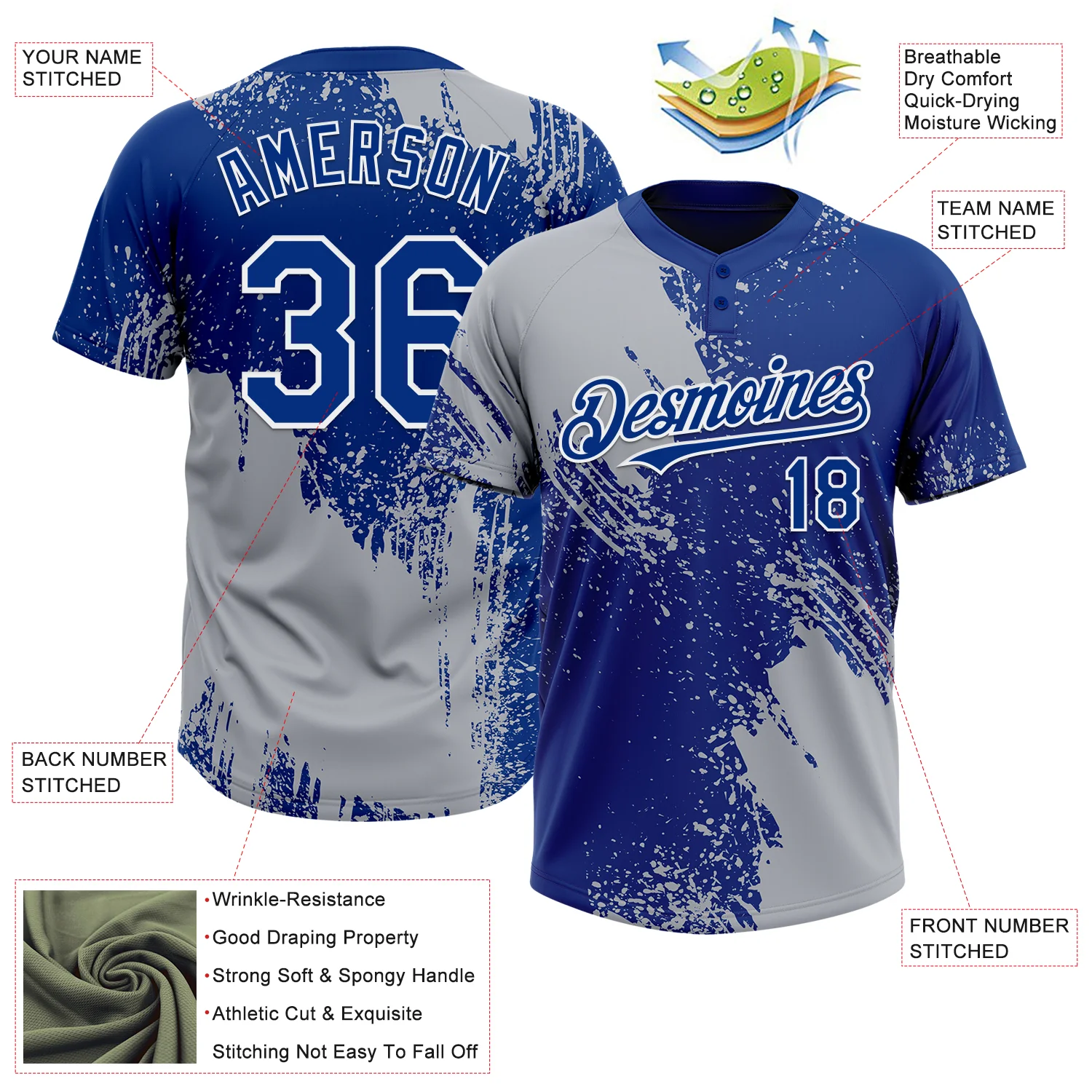 Custom Gray Royal-White 3D Pattern Abstract Brush Stroke Two-Button Unisex Softball Jersey - Image 3