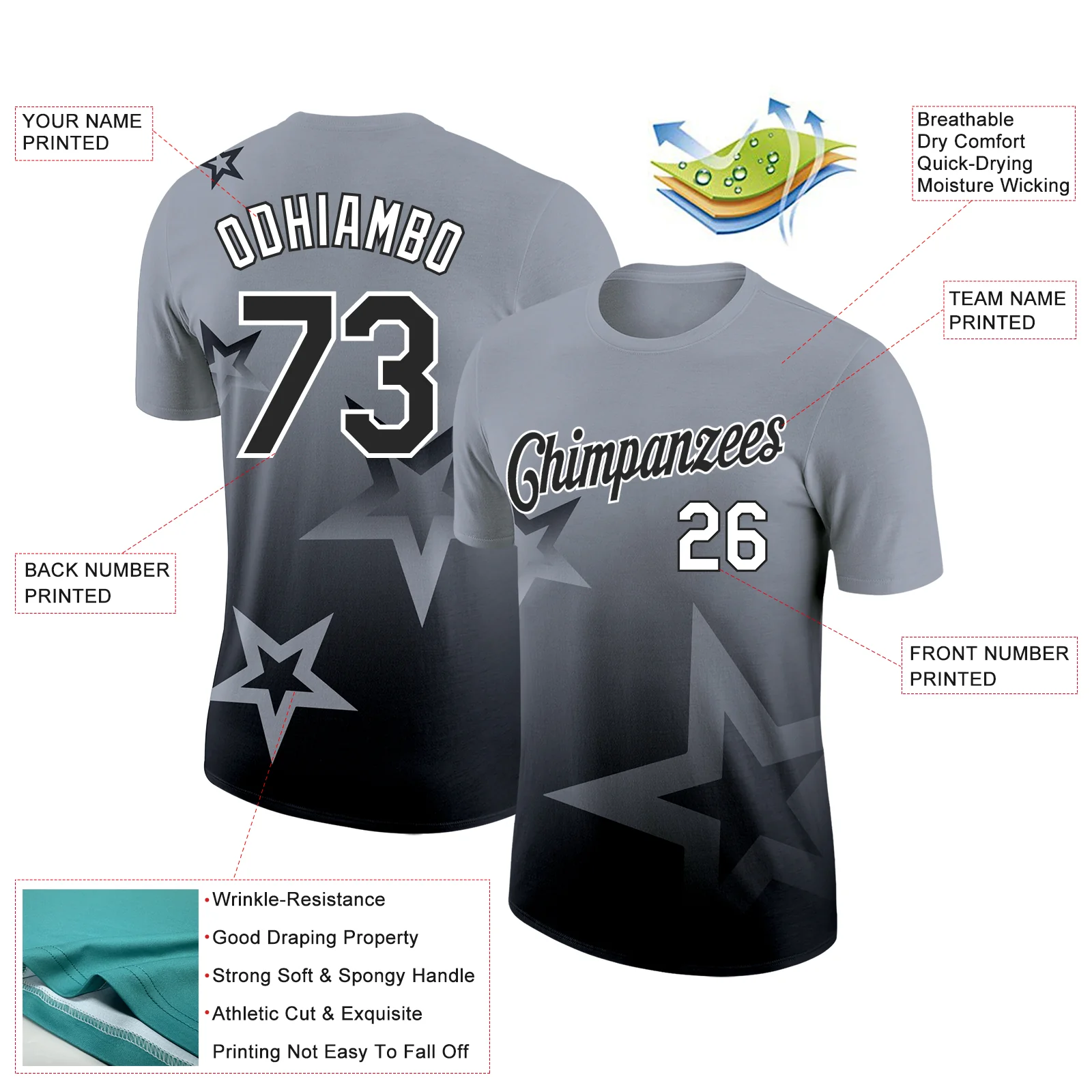 Custom Gray Black-White 3D Pattern Design Gradient Style Twinkle Star Performance T-Shirt - Image 2