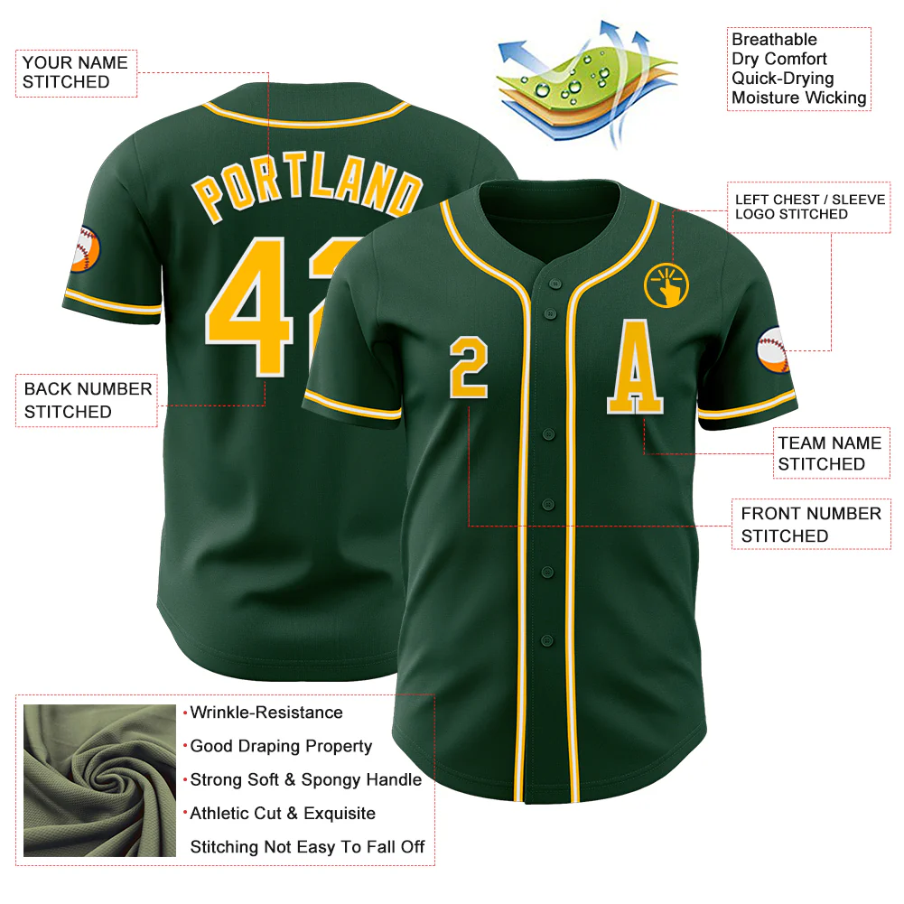 Custom Green Gold-White Authentic Baseball Jersey - Image 2