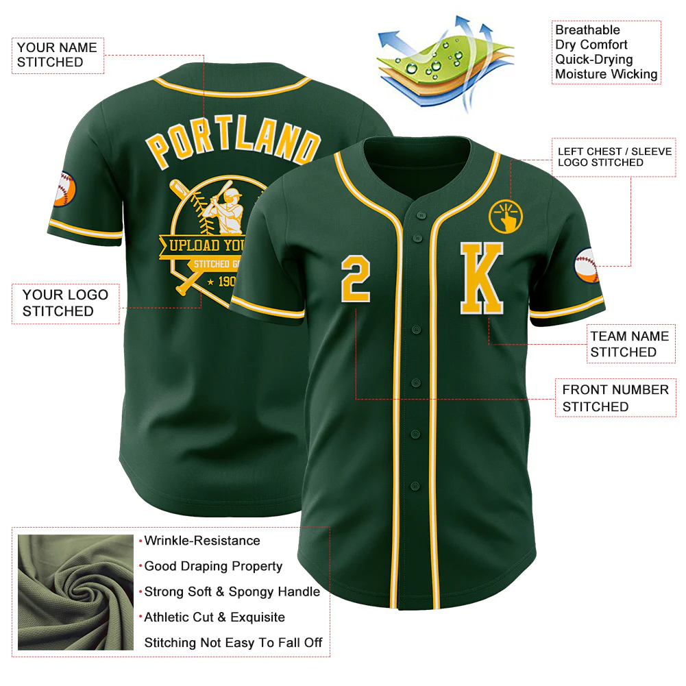 Custom Green Gold-White Authentic Baseball Jersey - Image 6