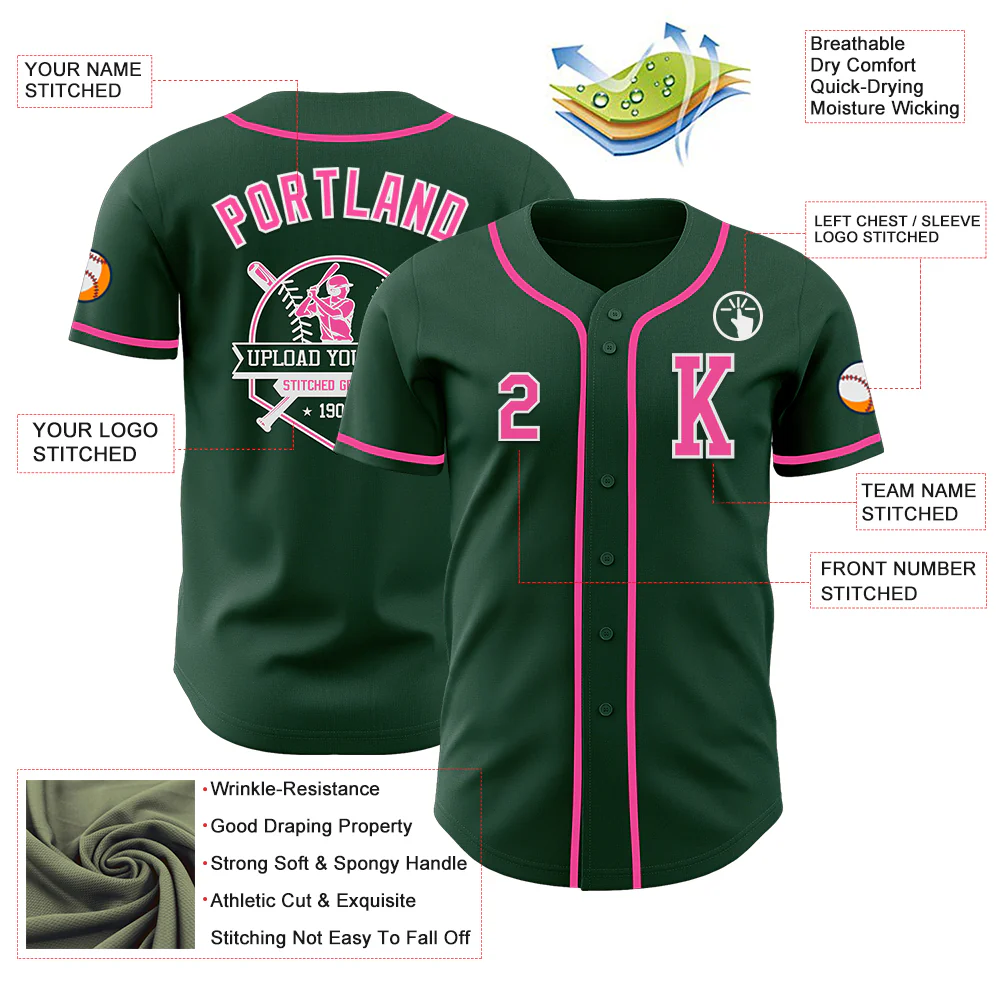 Custom Green Pink-White Authentic Baseball Jersey - Image 6