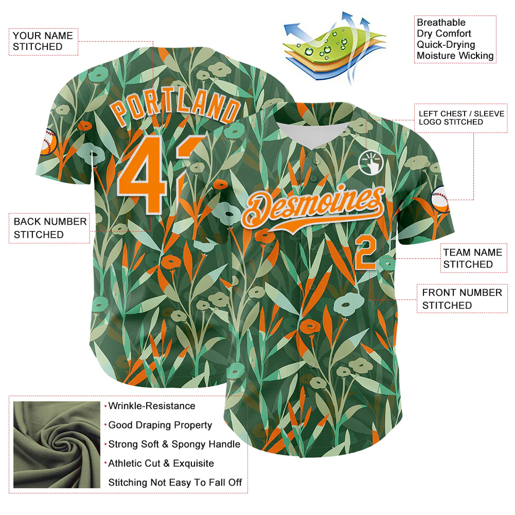 Custom Green Bay Orange-White 3D Hawaii Tropical Leaves And Flowers Authentic Baseball Jersey - Image 3