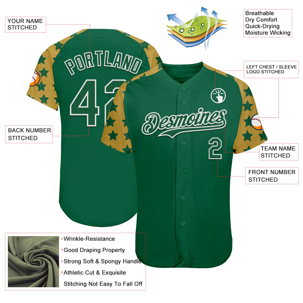 Custom Green White-Old Gold Star Raglan Sleeves Authentic Baseball Jersey - Image 3