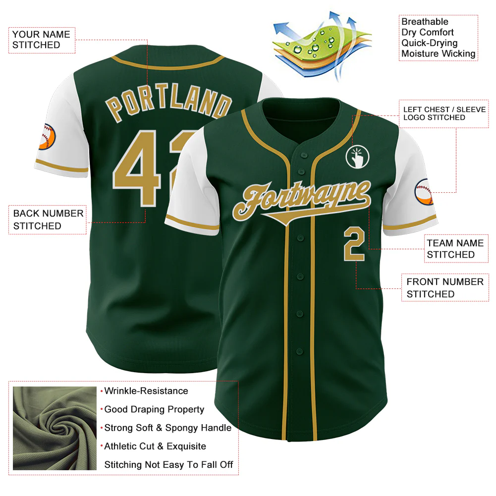 Custom Green Old Gold-White Authentic Two Tone Baseball Jersey - Image 3