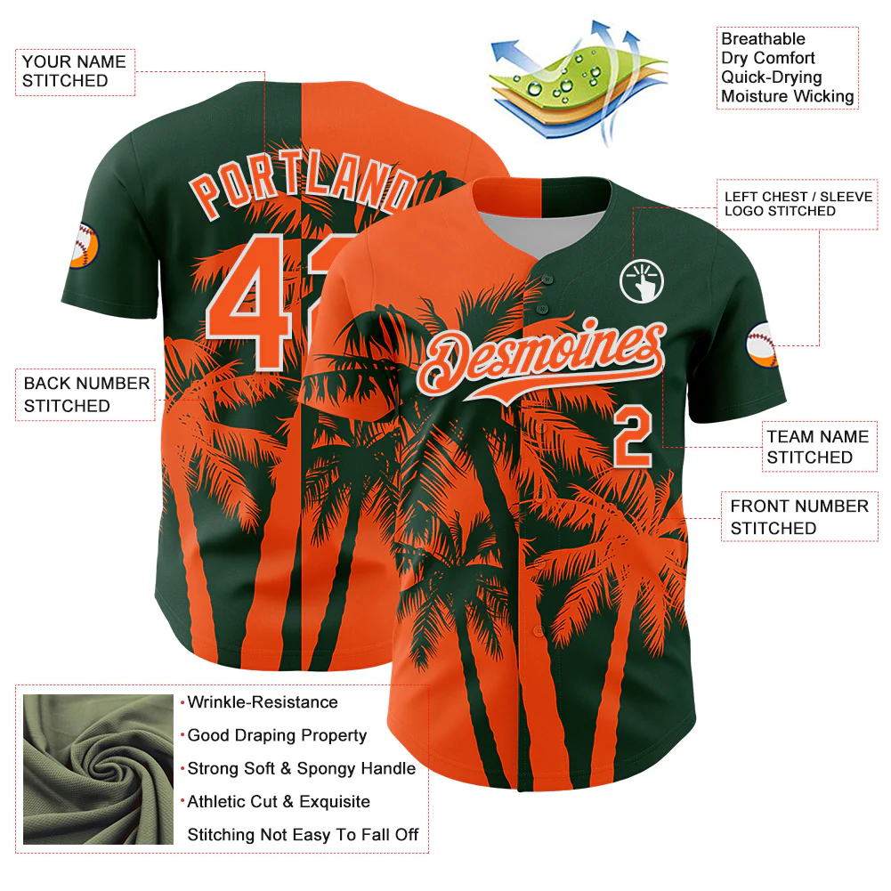 Custom Green Orange-White Hawaii Palm Trees Tropical Coconut Authentic Baseball Jersey - Image 3