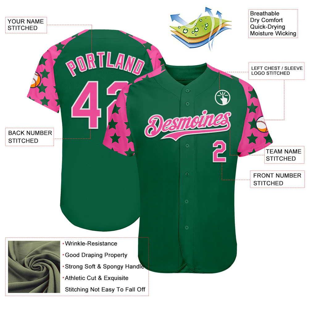 Custom Green Pink-White Star Raglan Sleeves Authentic Baseball Jersey - Image 3
