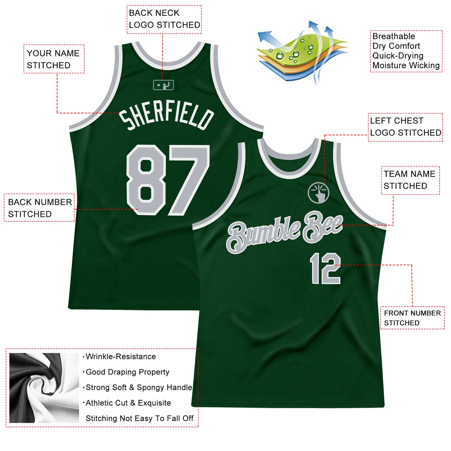 Custom Green Gray-White Authentic Throwback Basketball Jersey - Image 2