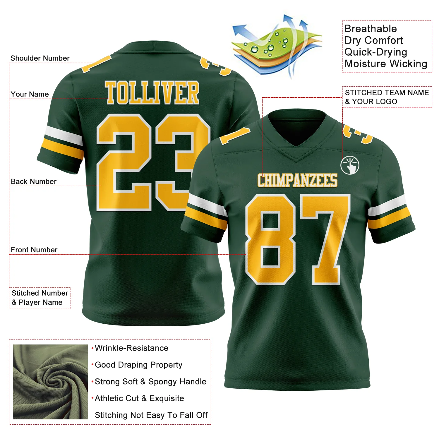 Custom Green Gold-White Authentic Football Jersey - Image 3