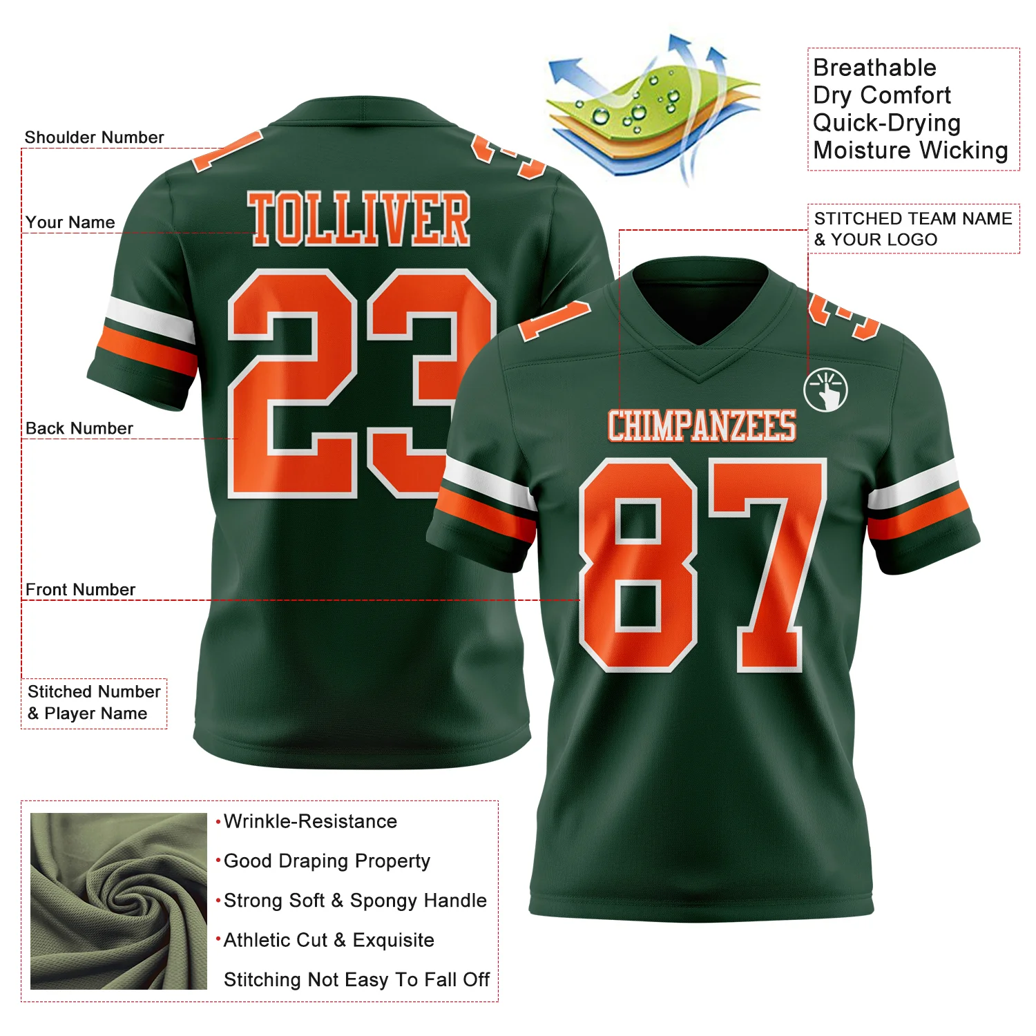 Custom Green Orange-White Authentic Football Jersey - Image 3