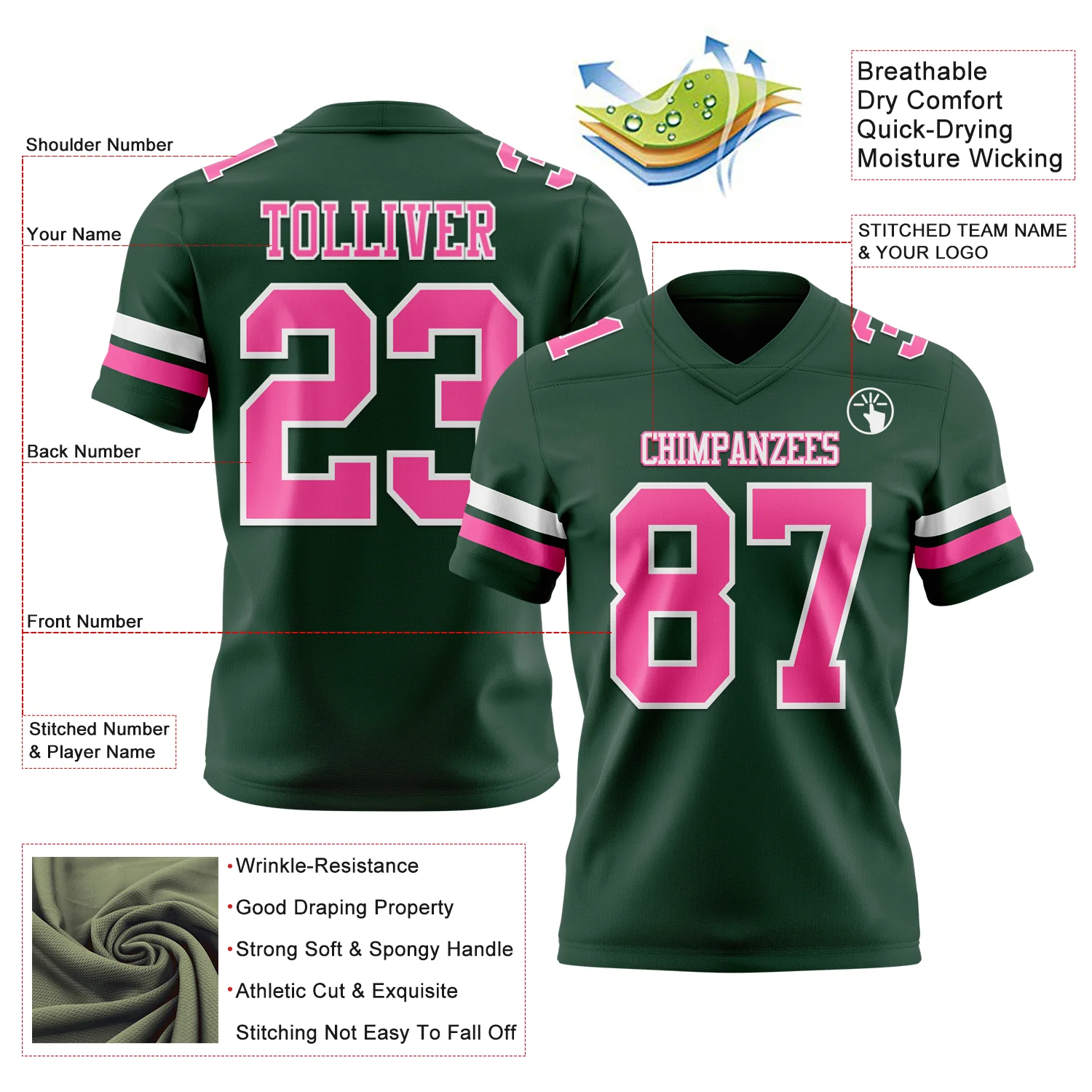 Custom Green Pink-White Authentic Football Jersey - Image 3