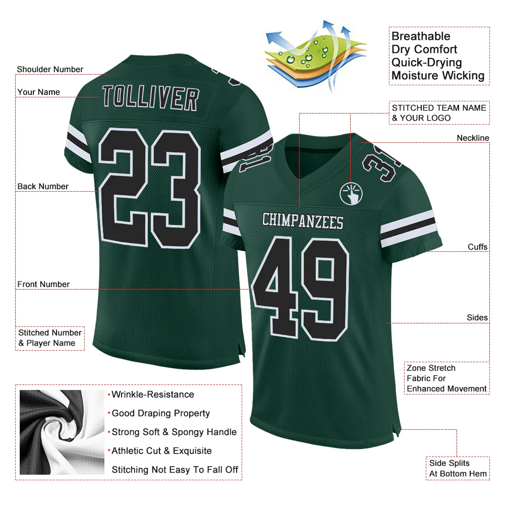 Custom Green Black-White Mesh Authentic Football Jersey - Image 2