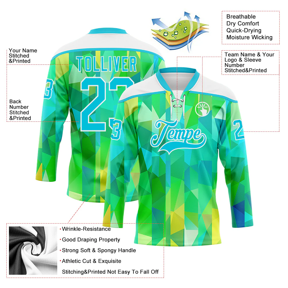 Custom Green Lakes Blue-White Trippy Psychedelic Geometric Hockey Lace Neck Jersey - Image 5