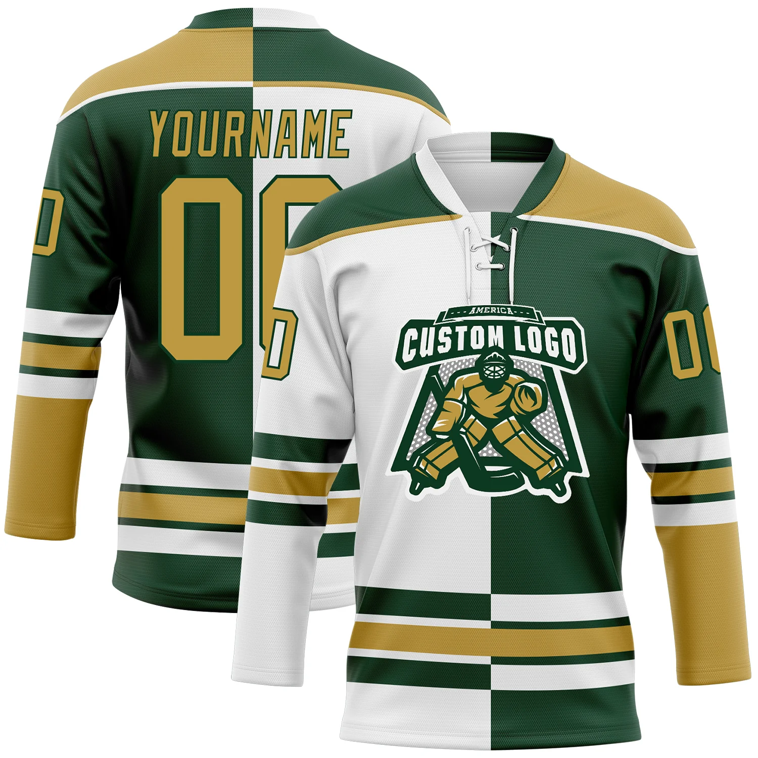 Custom Green Old Gold-White Split Fashion Hockey Lace Neck Jersey - Image 2