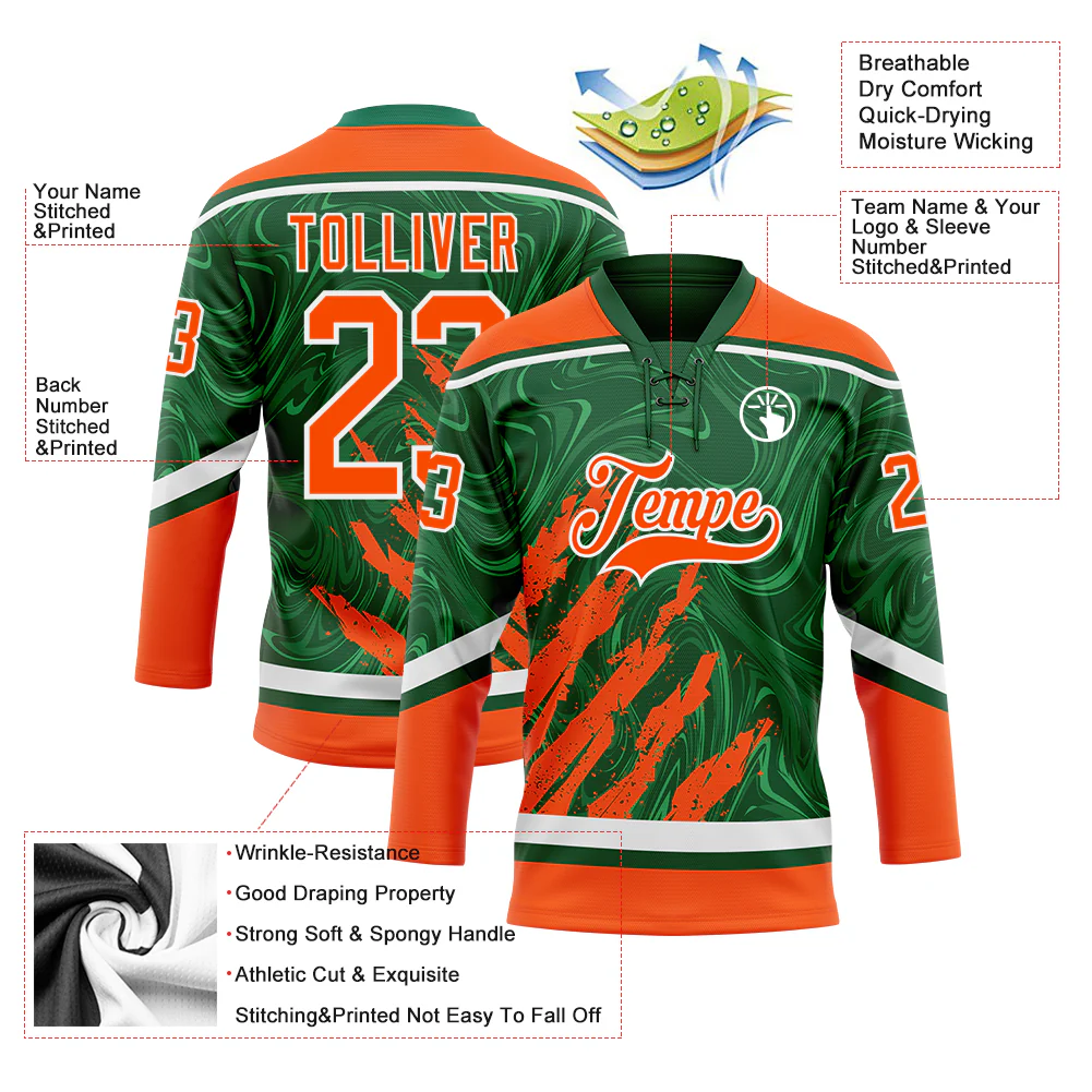 Custom Green Orange-White 3D Splash Art Hockey Lace Neck Jersey - Image 5