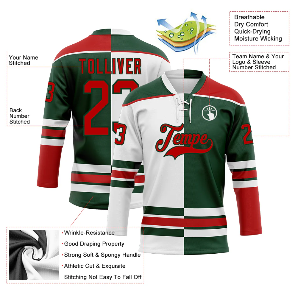 Custom Green Red-White Split Fashion Hockey Lace Neck Jersey - Image 3