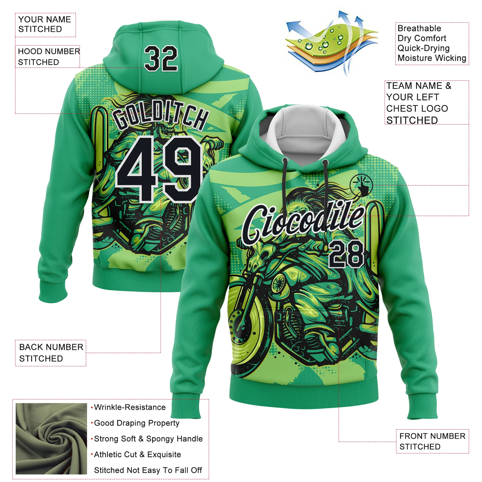 Custom Stitched Green Black-White 3D Pattern Design Motorcycle Motocross Skull Racing Sports Pullover Sweatshirt Hoodie - Image 2