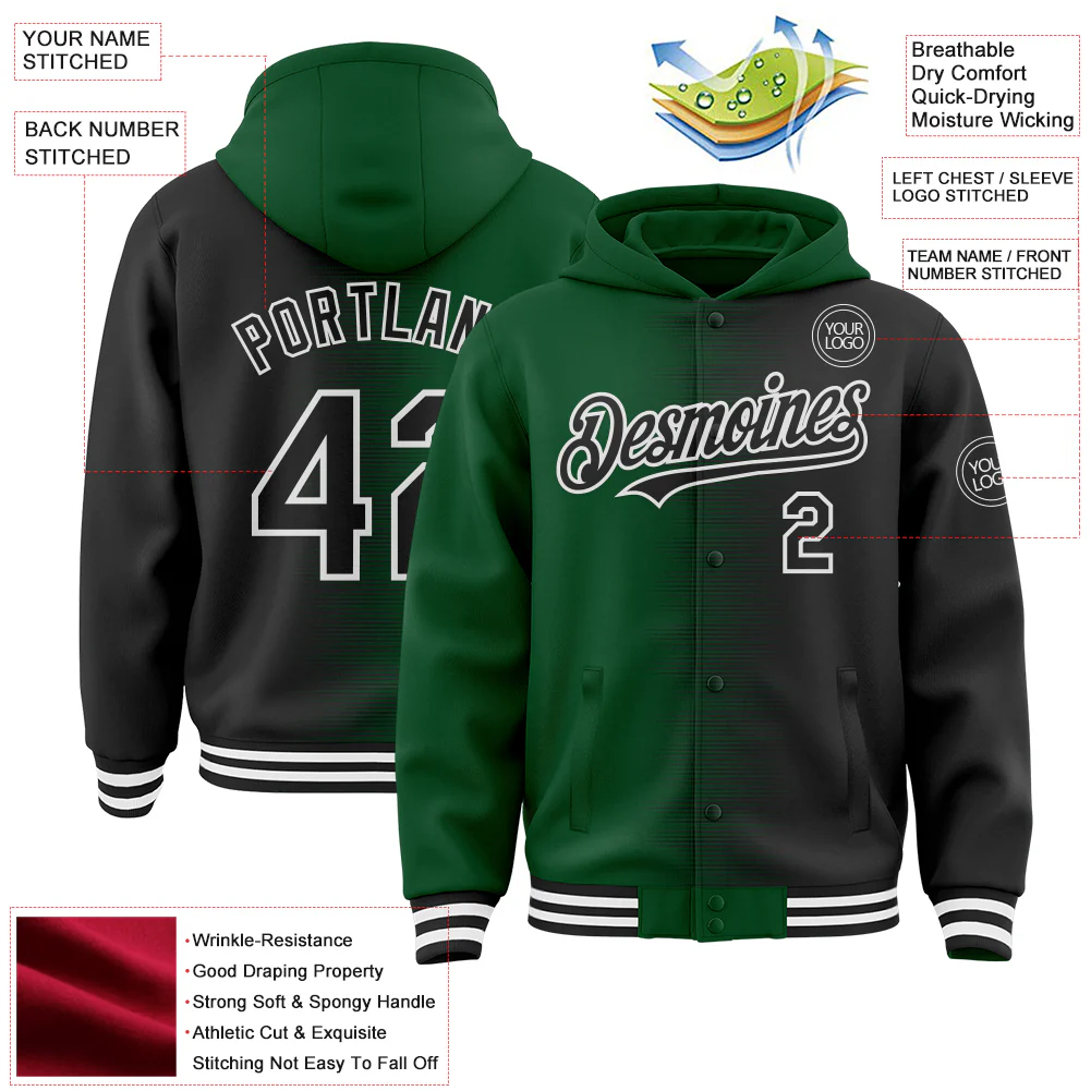 Custom Green Black-White Gradient Line Bomber Full-Snap Varsity Letterman Hoodie Jacket - Image 4