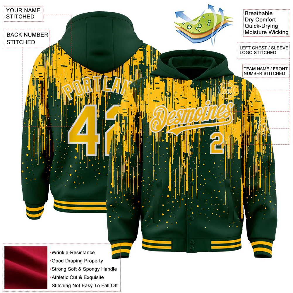 Custom Green Gold-White Dripping Splatter Bomber Full-Snap Varsity Letterman Hoodie Jacket - Image 4