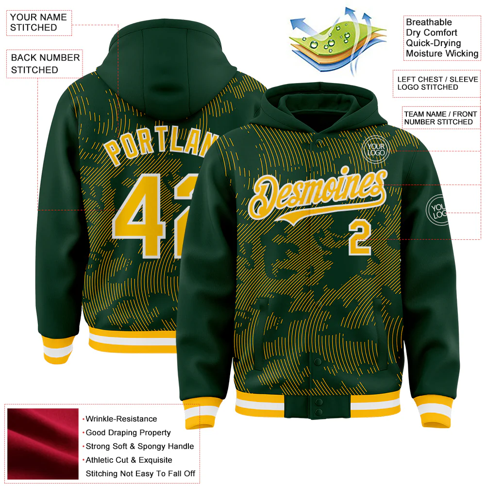 Custom Green Gold-White Curve Lines Bomber Full-Snap Varsity Letterman Hoodie Jacket - Image 4