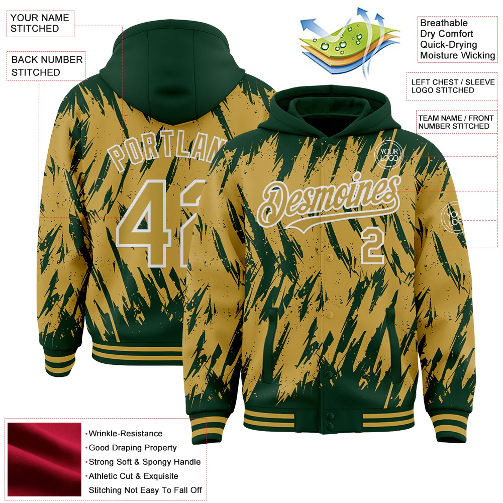 Custom Green Old Gold-White Abstract Sharp Shape Fragment Pattern Bomber Full-Snap Varsity Letterman Hoodie Jacket - Image 4