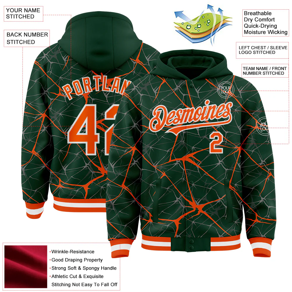 Custom Green Orange-White Abstract Network 3D Pattern Design Bomber Full-Snap Varsity Letterman Hoodie Jacket - Image 4