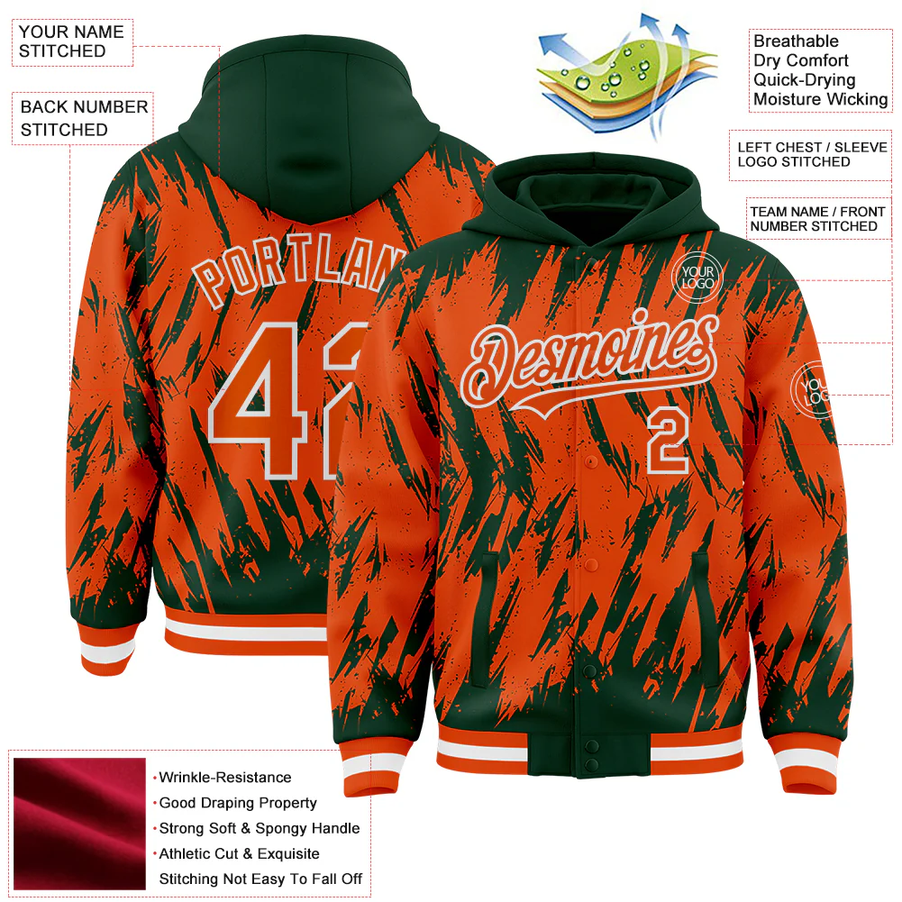 Custom Green Orange-White Abstract Sharp Shape Fragment Pattern Bomber Full-Snap Varsity Letterman Hoodie Jacket - Image 4