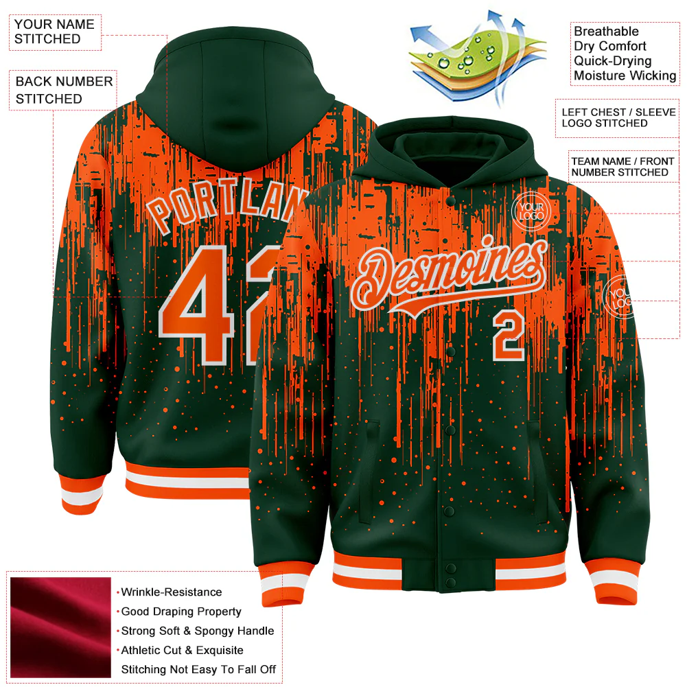 Custom Green Orange-White Dripping Splatter Bomber Full-Snap Varsity Letterman Hoodie Jacket - Image 4
