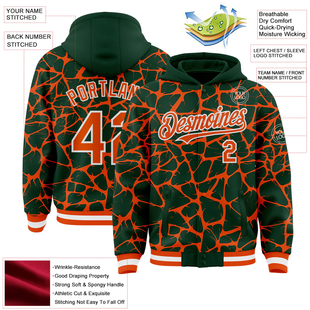 Custom Green Orange-White Abstract Network Bomber Full-Snap Varsity Letterman Hoodie Jacket - Image 4