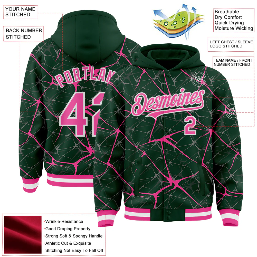 Custom Green Pink-White Abstract Network 3D Pattern Design Bomber Full-Snap Varsity Letterman Hoodie Jacket - Image 4