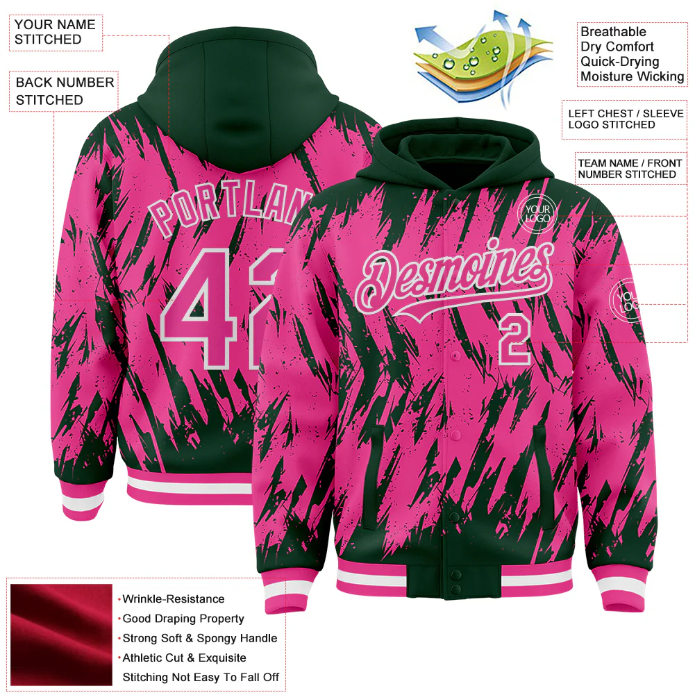 Custom Green Pink-White Abstract Sharp Shape Fragment Pattern Bomber Full-Snap Varsity Letterman Hoodie Jacket - Image 4