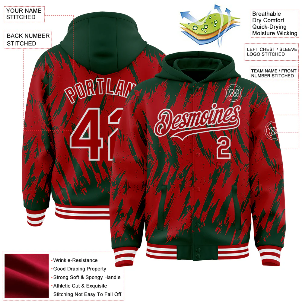 Custom Green Red-White Abstract Sharp Shape Fragment Pattern Bomber Full-Snap Varsity Letterman Hoodie Jacket - Image 4