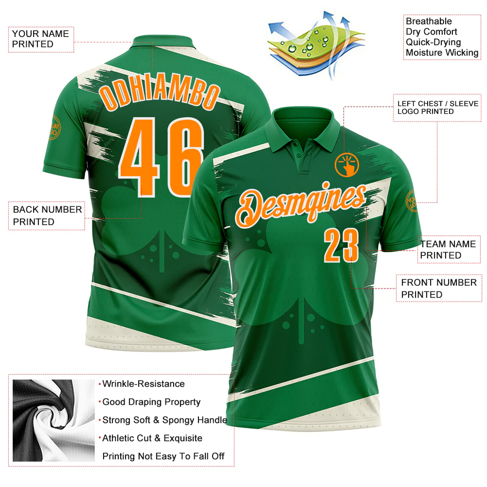 Custom Green Bay Orange-White 3D St. Patrick's Day Shamrock Performance Polo Shirt - Image 3