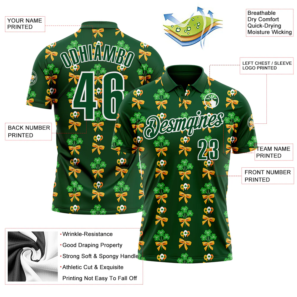 Custom Green White 3D St. Patrick's Day Shamrock Performance Polo Shirt - Image 3