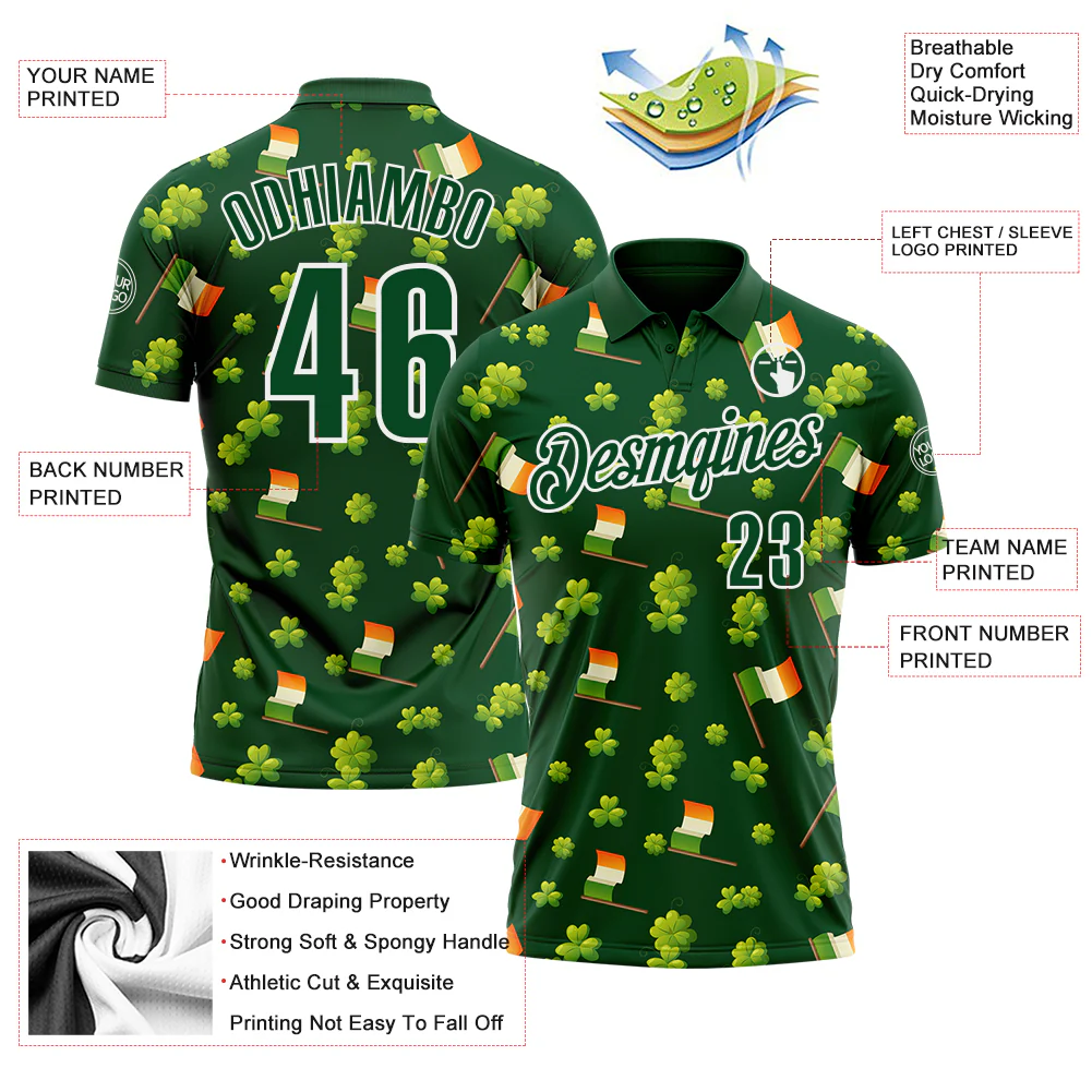 Custom Green White 3D St. Patrick's Day Shamrock Performance Polo Shirt - Image 3