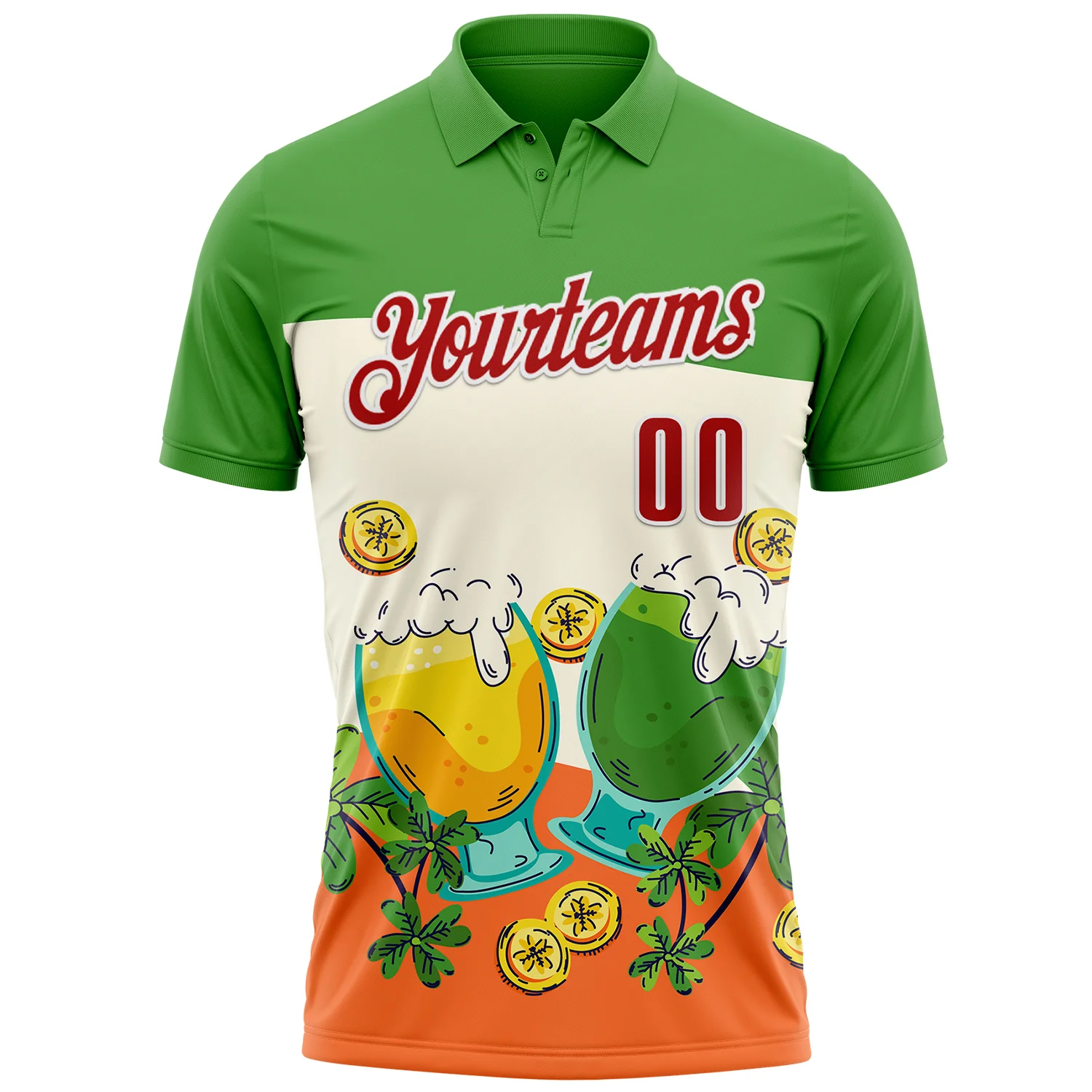 Custom Green Red-White 3D St. Patrick's Day Shamrock Beer Performance Polo Shirt - Image 2