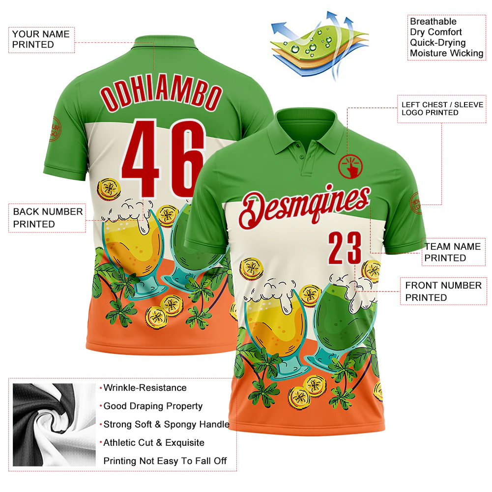 Custom Green Red-White 3D St. Patrick's Day Shamrock Beer Performance Polo Shirt - Image 3