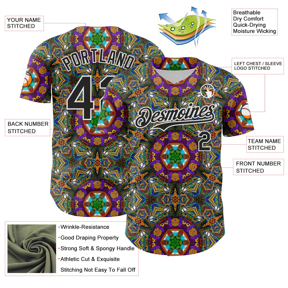 Custom Green Black-White 3D Pattern Design Burner Costumes Geometric Shape Authentic Baseball Jersey - Image 3