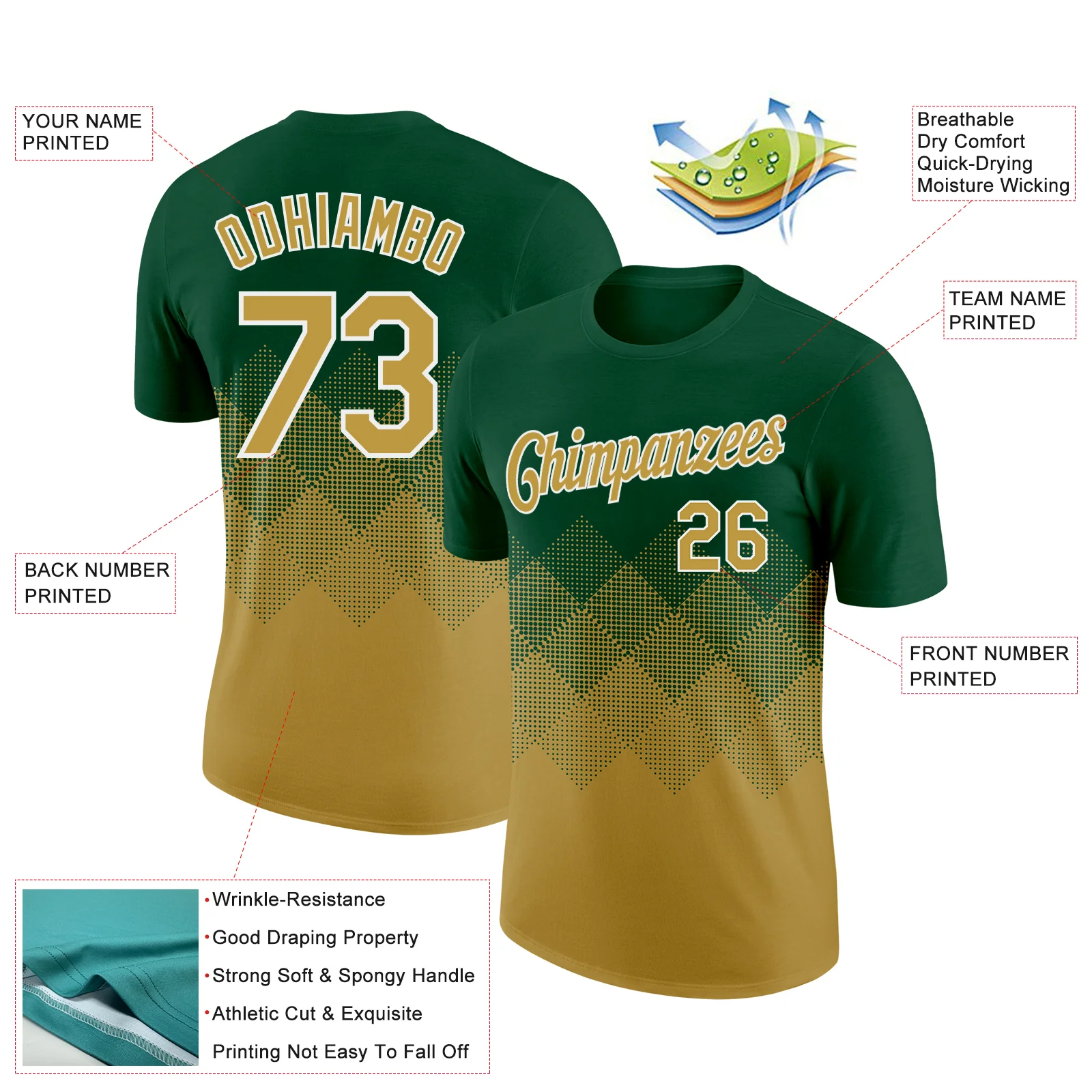 Custom Green Old Gold-White 3D Pattern Design Gradient Square Shapes Performance T-Shirt - Image 2