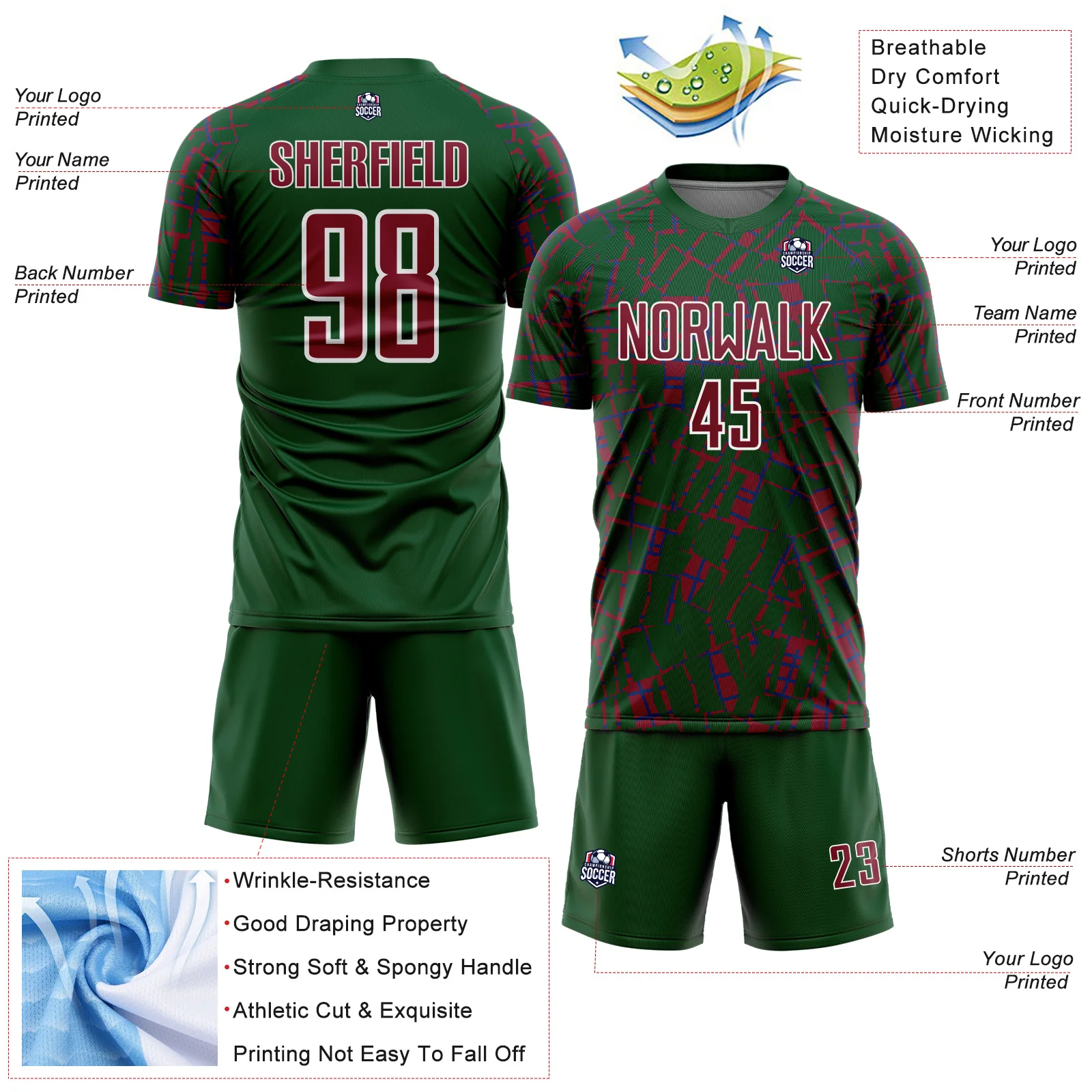 Custom Green Crimson-White Abstract Line Sports Sublimation Soccer Uniform Jersey - Image 4