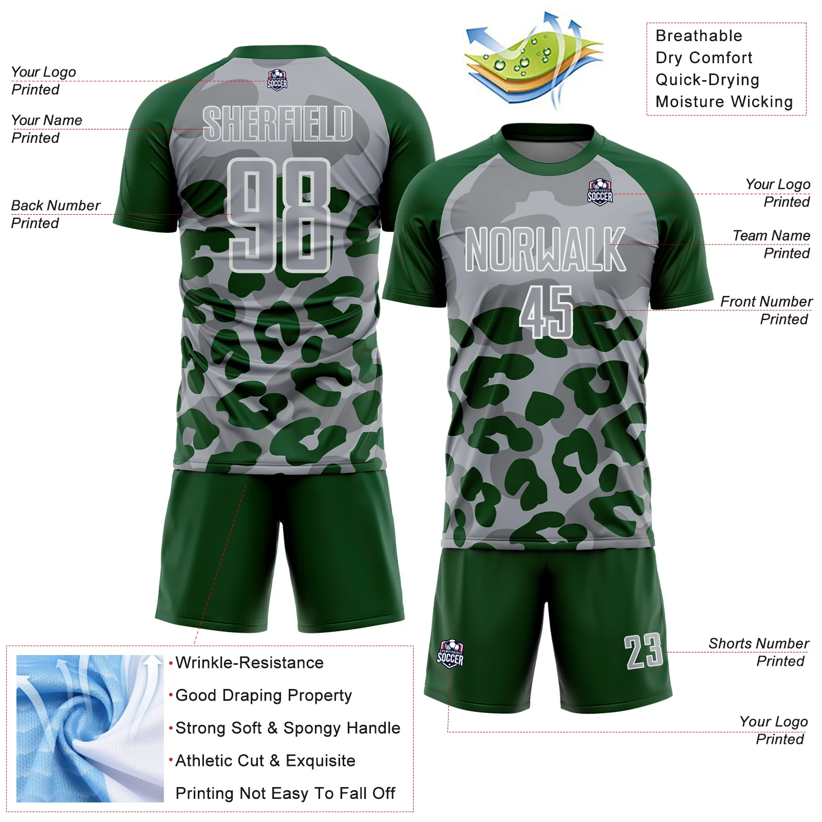 Custom Green Gray-White Animal Leopard Print Sports Sublimation Soccer Uniform Jersey - Image 4