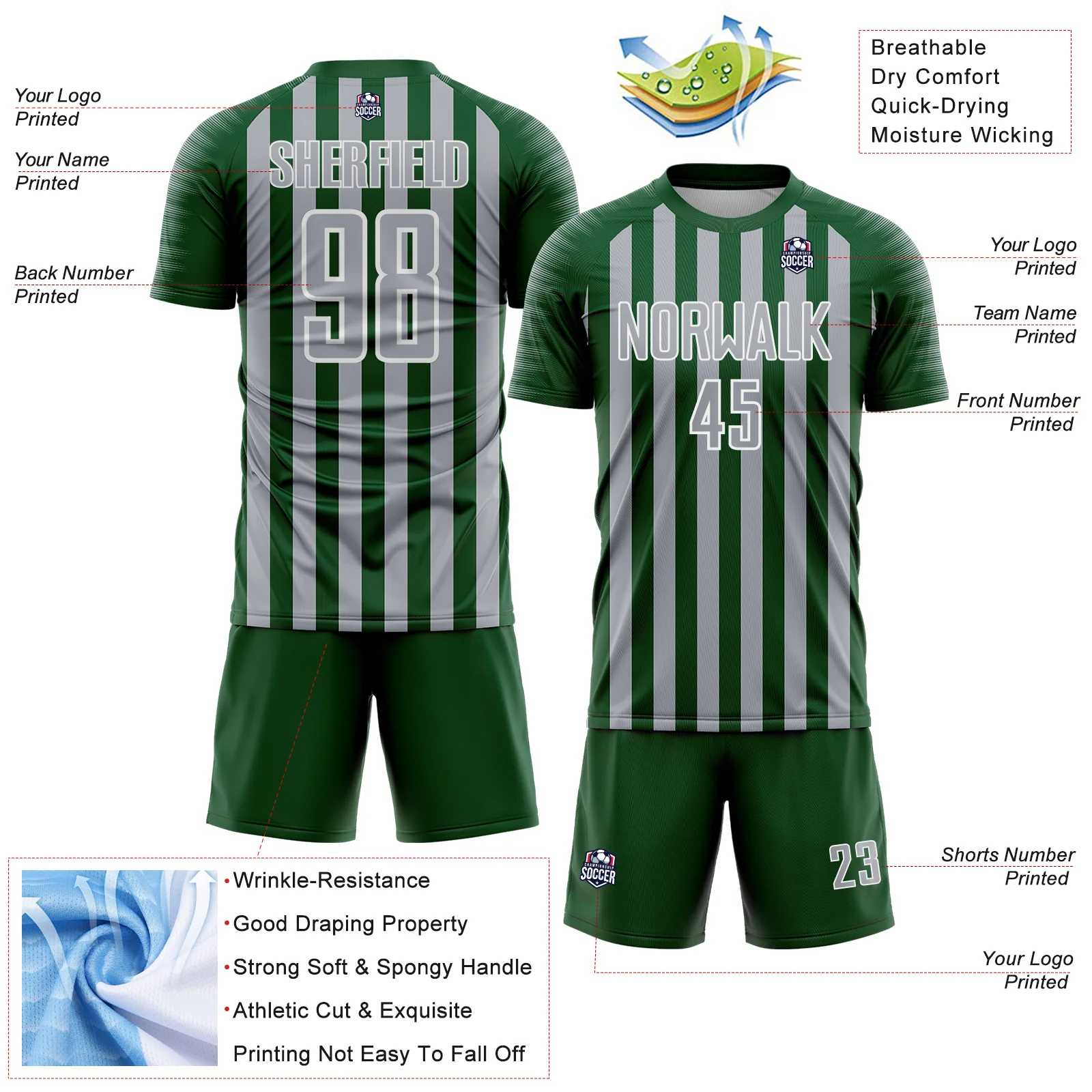 Custom Green Gray-White Stripe Sports Sublimation Soccer Uniform Jersey - Image 4