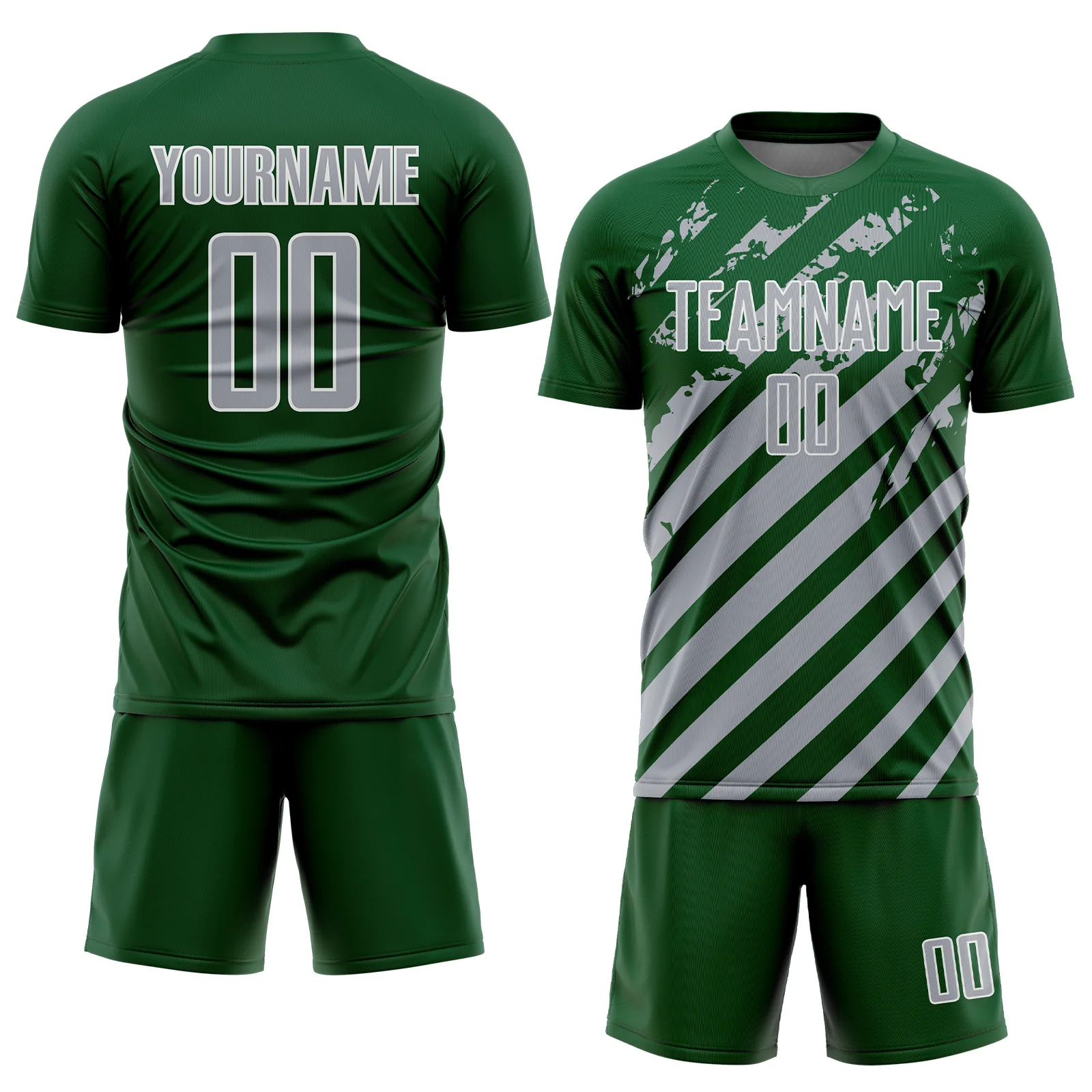Custom Green Gray-White Distressed Diagonal Stripe Pattern Sports Sublimation Soccer Uniform Jersey - Image 2