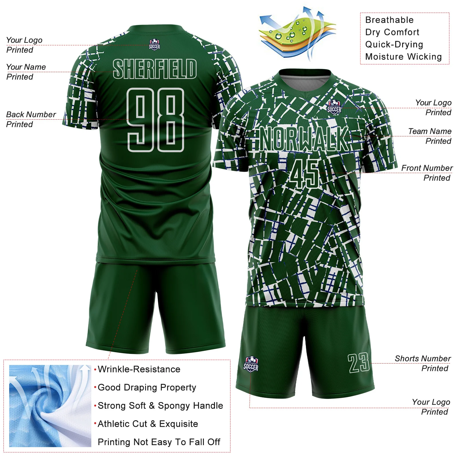 Custom Green White Abstract Line Sports Sublimation Soccer Uniform Jersey - Image 4