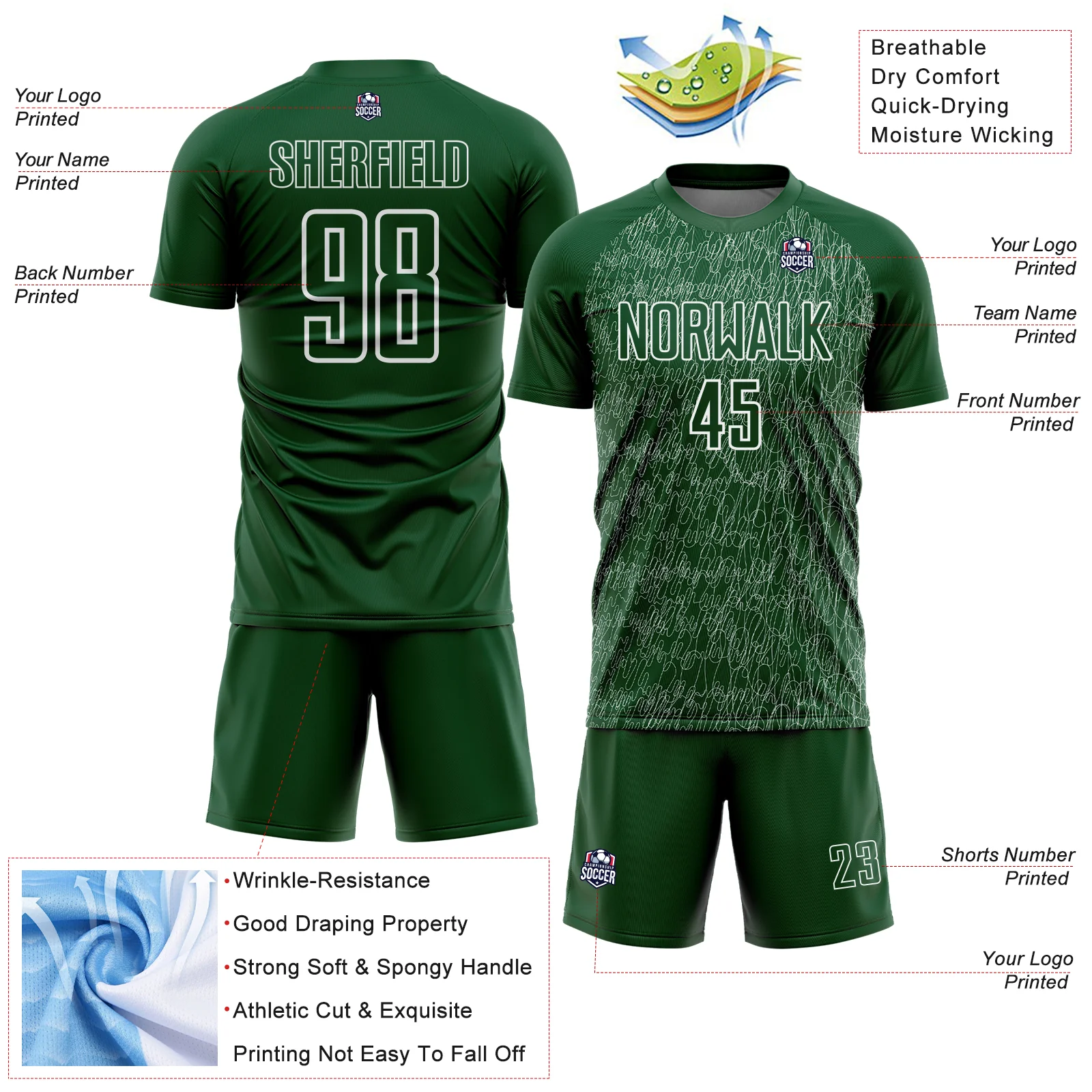 Custom Green White Abstract Scribble Curve Line Pattern Sports Sublimation Soccer Uniform Jersey - Image 4