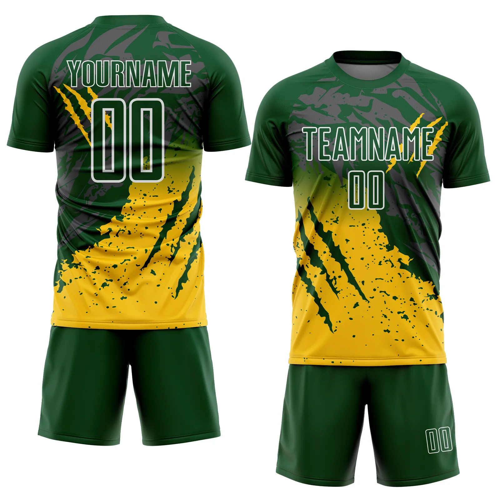 Custom Green White-Yellow Gradient Claw Mark Splatter Sports Sublimation Soccer Uniform Jersey - Image 2